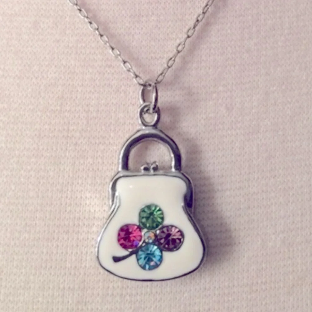 Vintage White Enamel Sterling Silver Rhodium Plated Crystal Purse Necklace